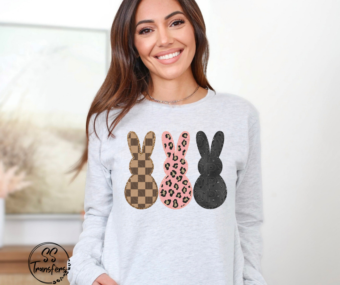 Checkered/Leopard/Sparkle Bunnies DTF Transfer
