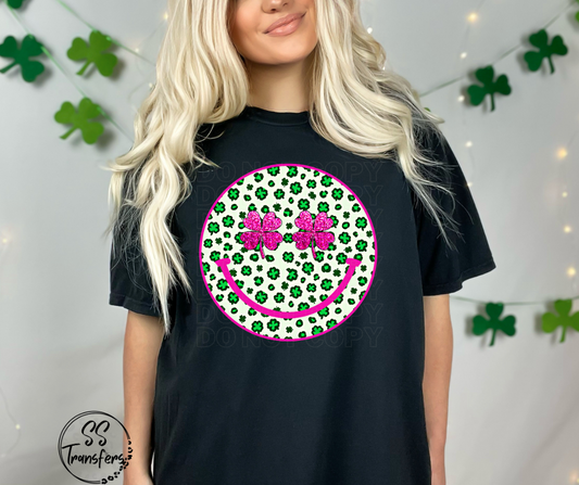 Pink Shamrock Happy Face DTF Transfer