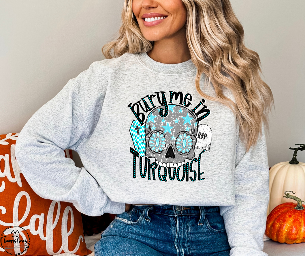 Bury Me In Turquoise Skull Faux Glitter DTF Transfer