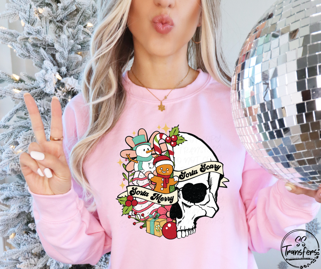 Sorta Merry Sorta Scary Skull DTF Transfer