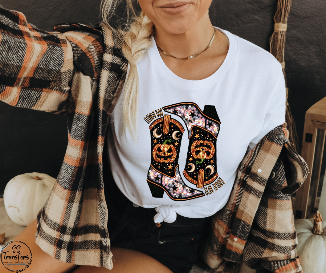 Howdy Boo Boots Faux Sequins DTF Transfer