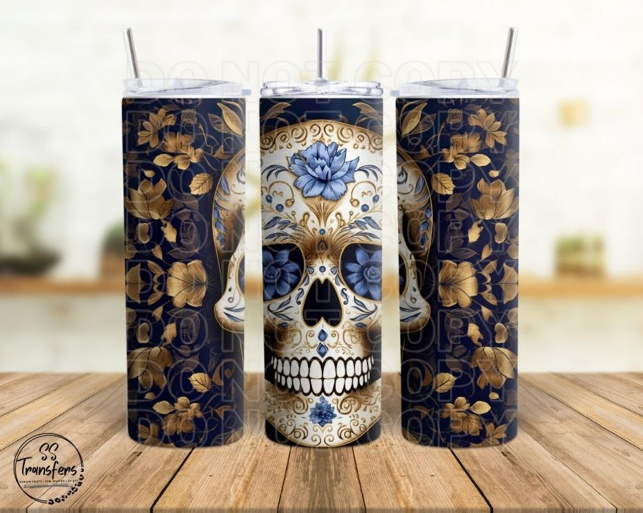 Blue & Gold Flower Skull Sub Tumbler Transfer