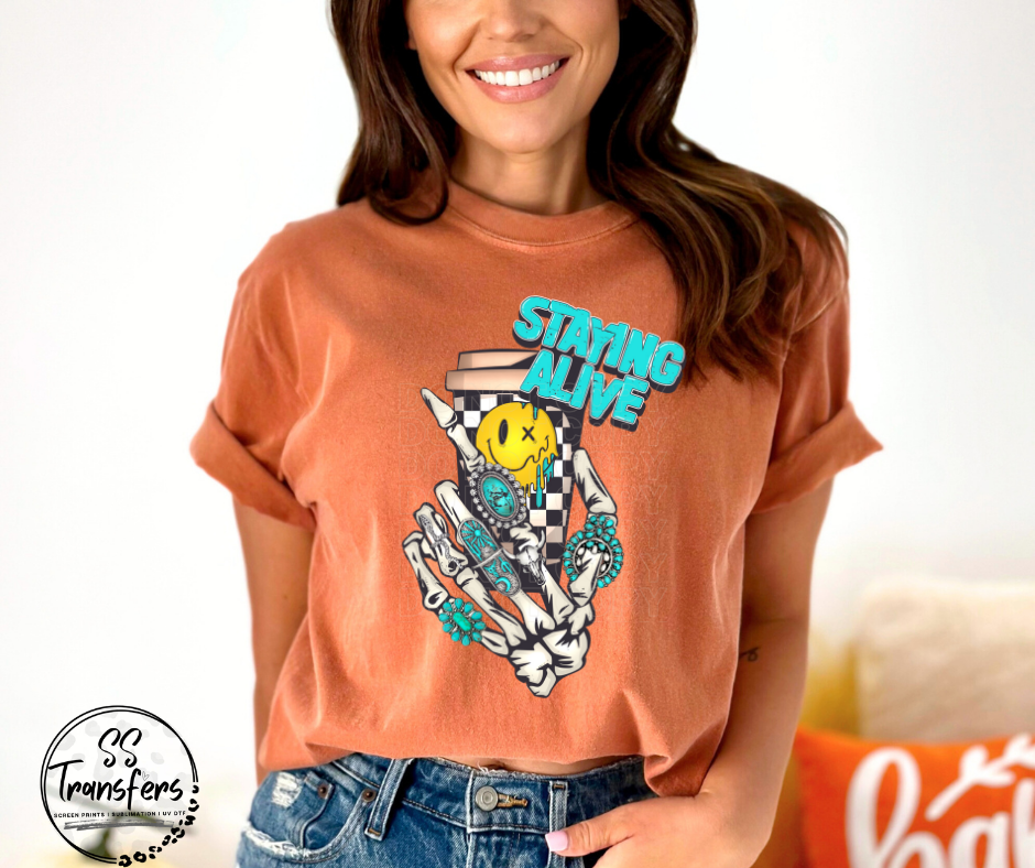 Staying Alive Checkered Cup (pocket included) DTF Transfer