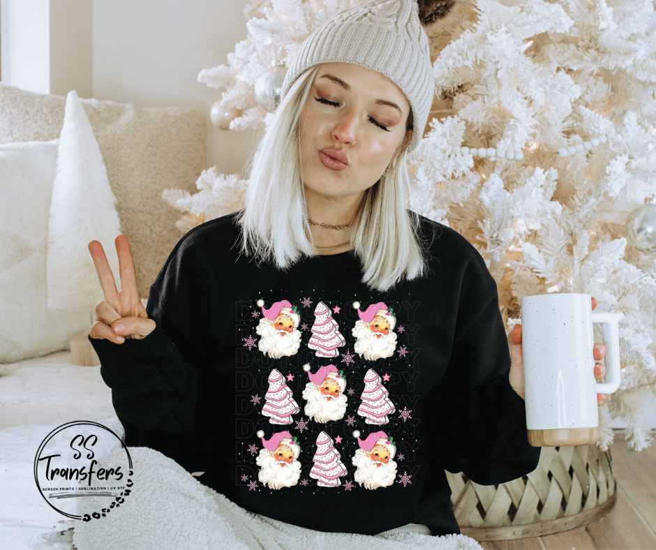 Pink Santa & Trees DTF Transfer