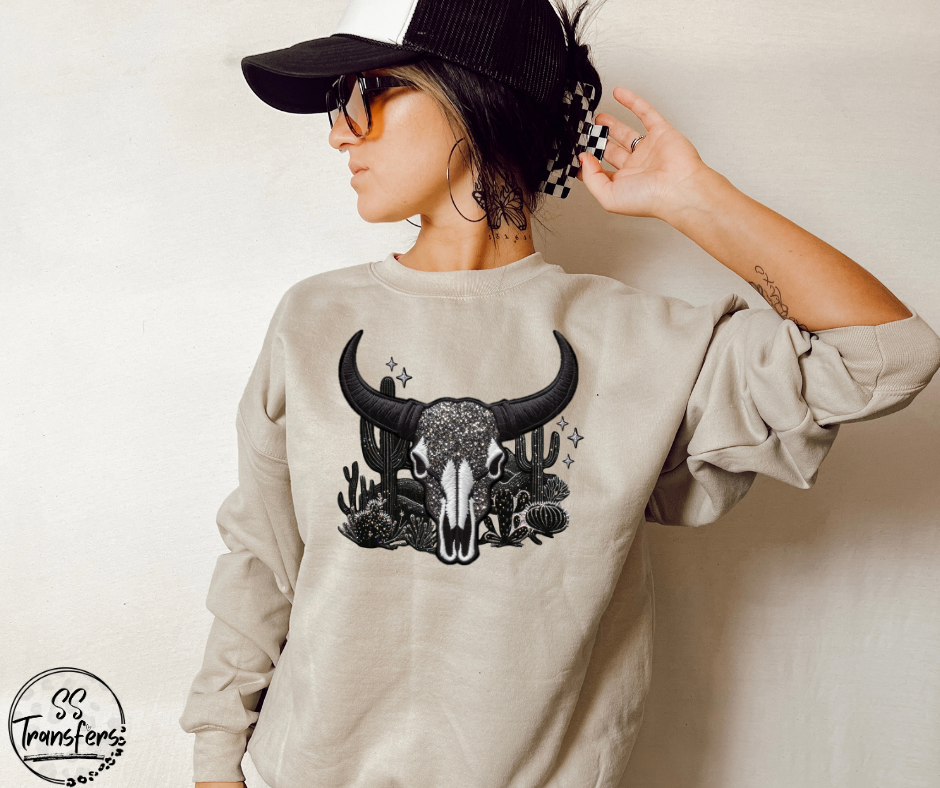 Faux Embroidered Bull Skull DTF Transfer