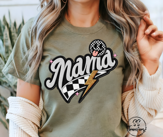 Mama Faux Embroidered Retro Checkered DTF Transfer