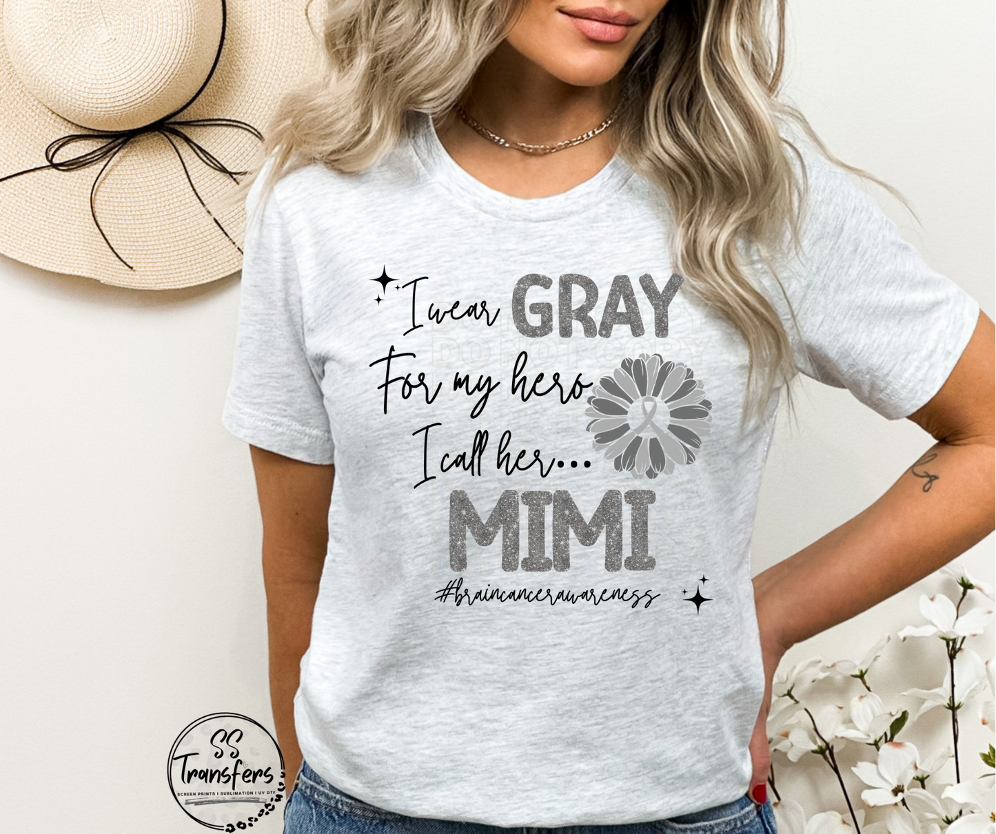 Brain Cancer Silver Glitter My Hero….(multiple options) DTF Transfer
