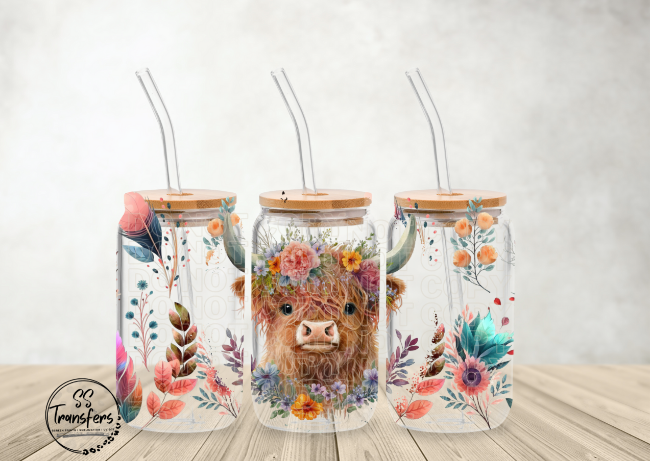 Pink Flower Highland Cow Libbey UV Wrap