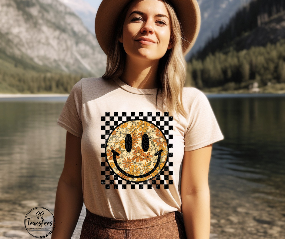 Floral Smile Checkered DTF Transfer