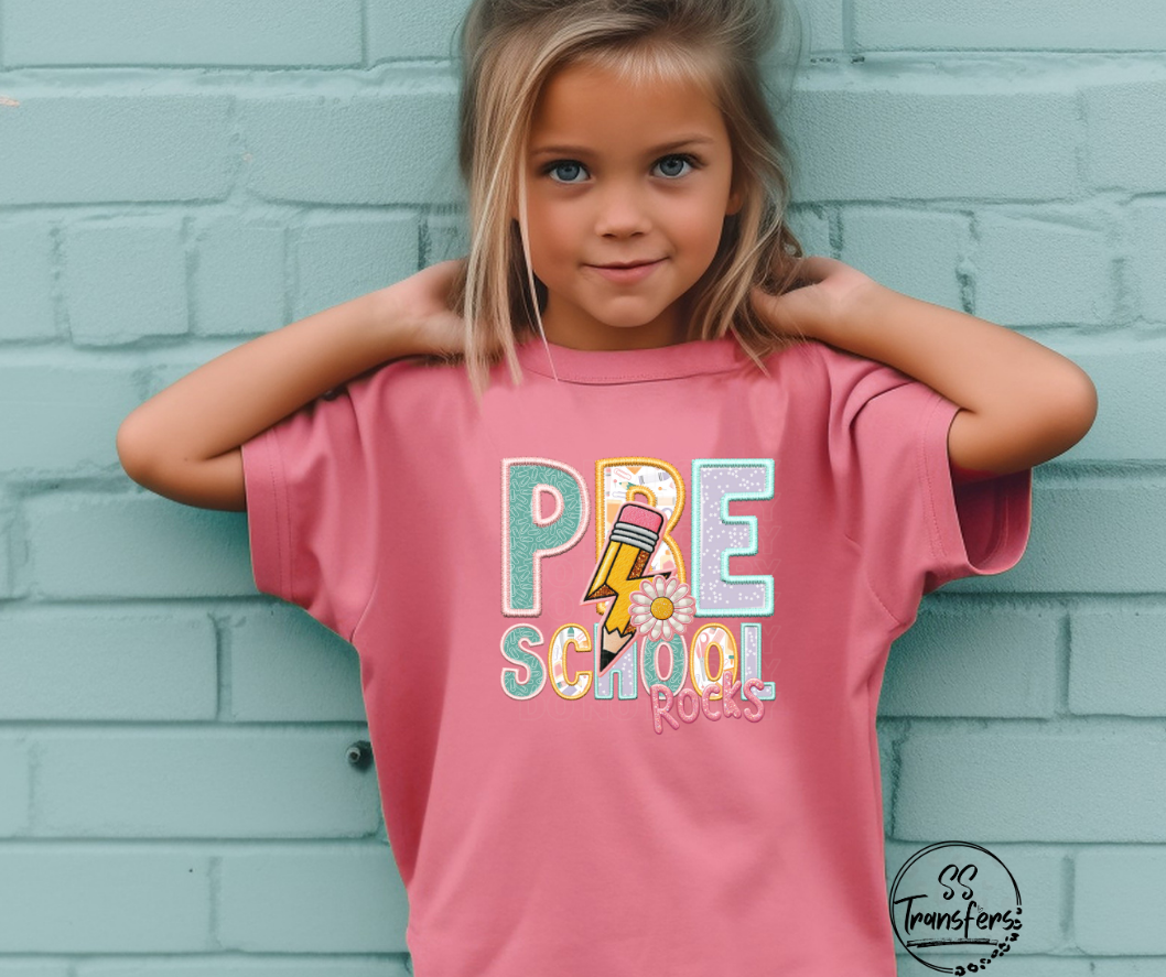 School Rocks Pink Writing Faux Embroidered (Multiple Choices) DTF Transfer