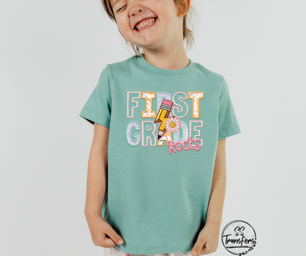 School Rocks Pink Writing Faux Embroidered (Multiple Choices) DTF Transfer