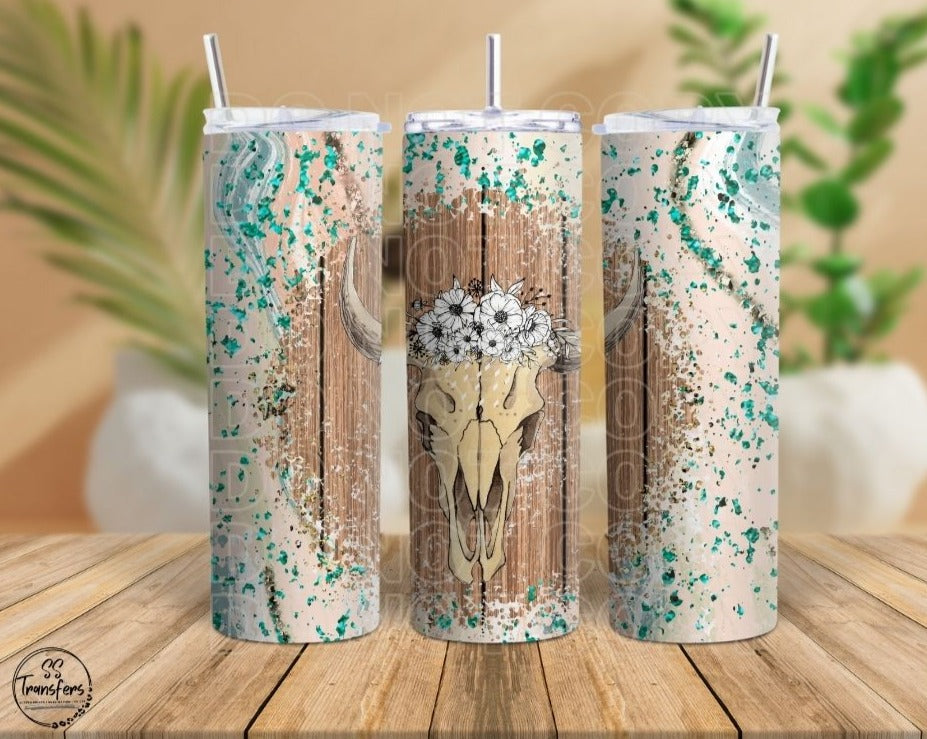 Bull Skull Turquoise Splatter Sub Tumbler Transfer
