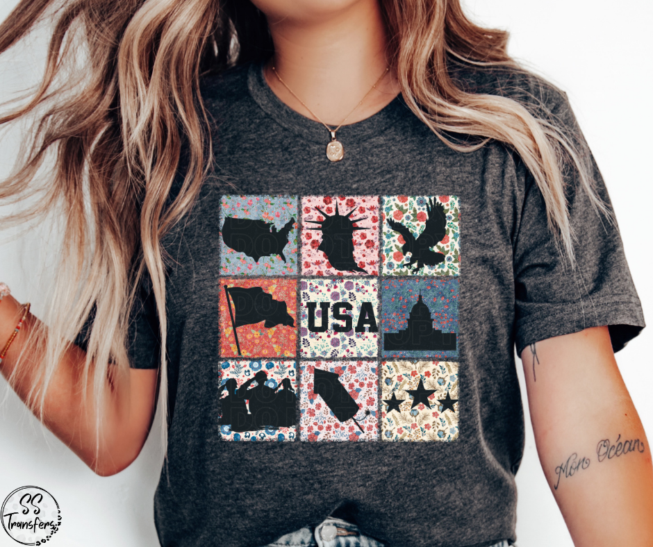 Floral Patriotic Grid DTF Transfer