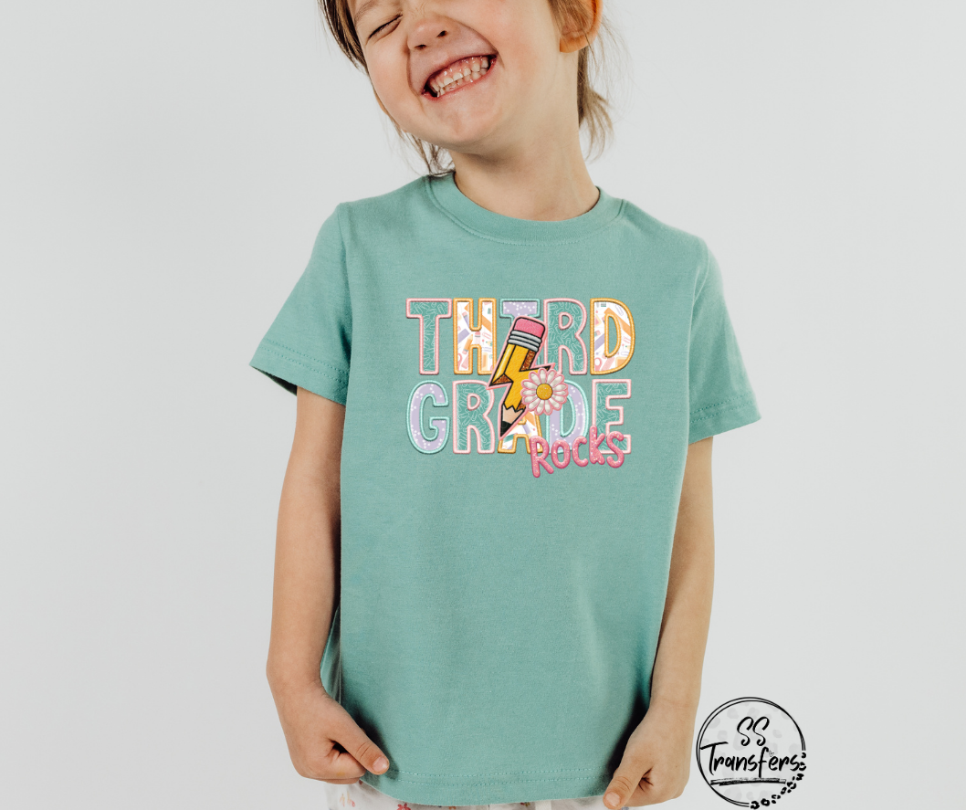 School Rocks Pink Writing Faux Embroidered (Multiple Choices) DTF Transfer