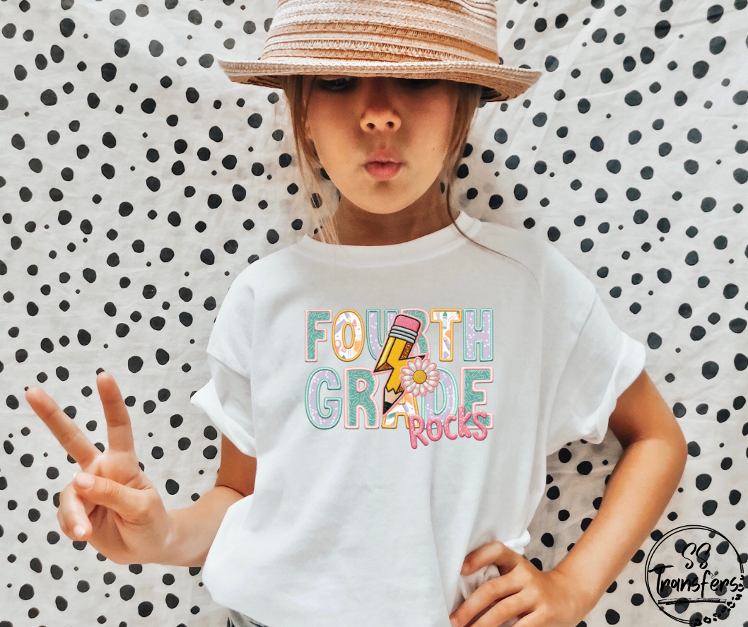 School Rocks Pink Writing Faux Embroidered (Multiple Choices) DTF Transfer