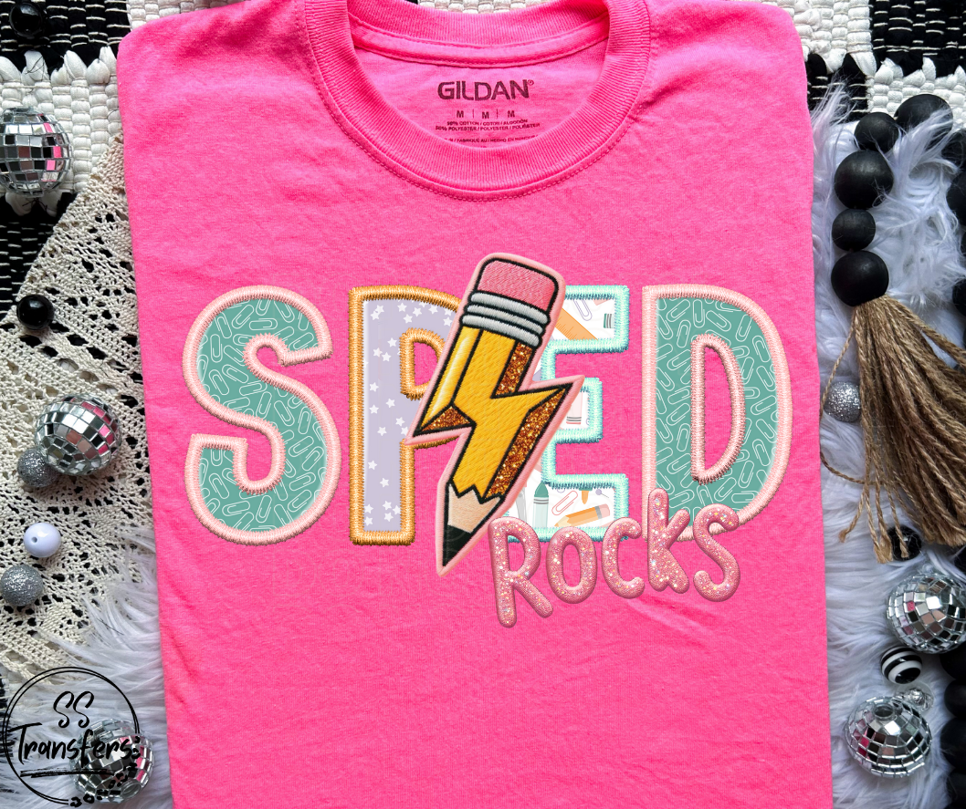 School Rocks Pink Writing Faux Embroidered (Multiple Choices) DTF Transfer