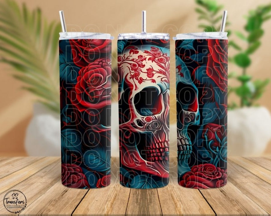Red & Blue Rose Skull Sub Tumbler Transfer