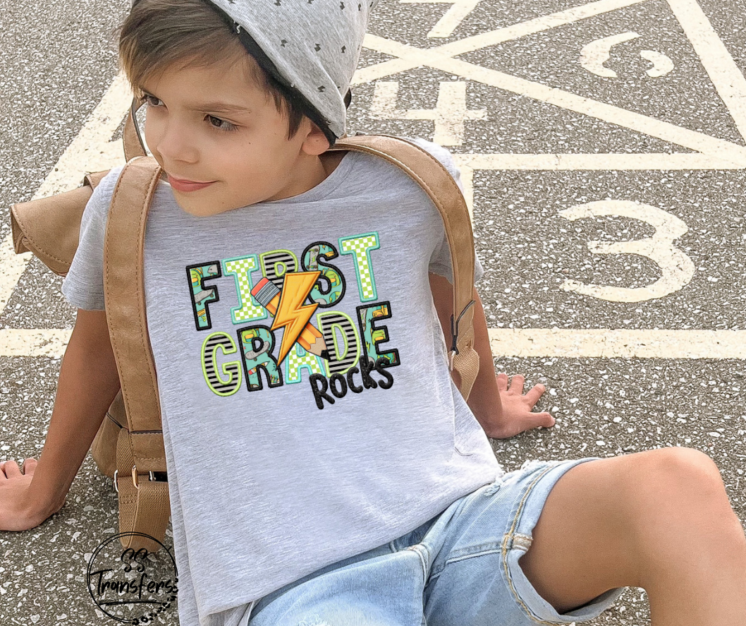 School Rocks Green/Black Writing Faux Embroidered (Multiple Choices) DTF Transfer