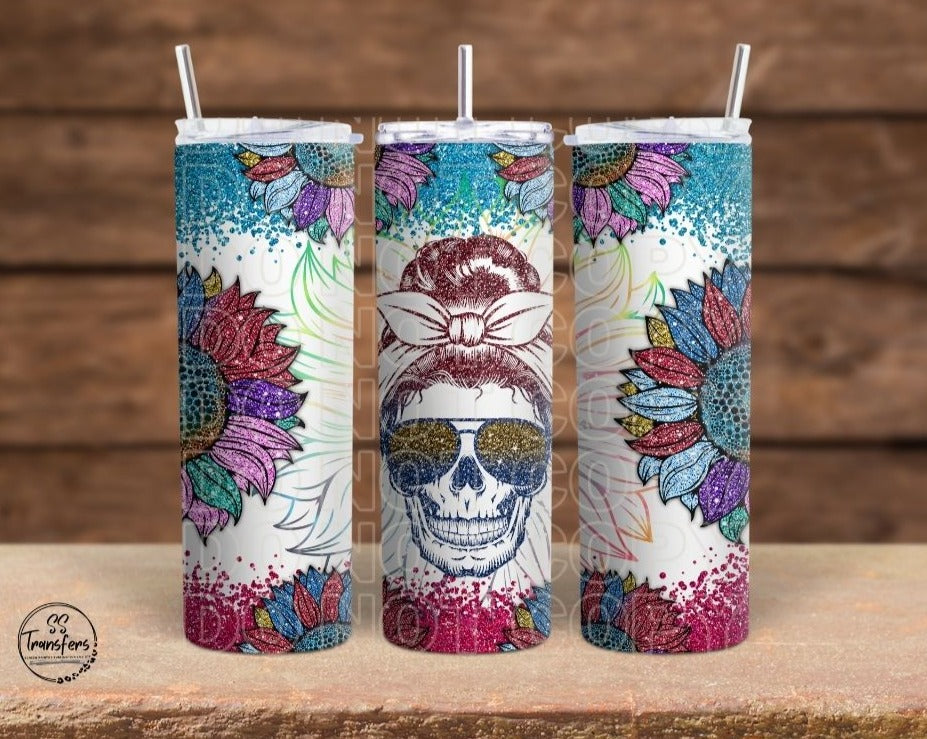 Glitter Sunflowers Mom Bun Skellie Sub Tumbler Transfer