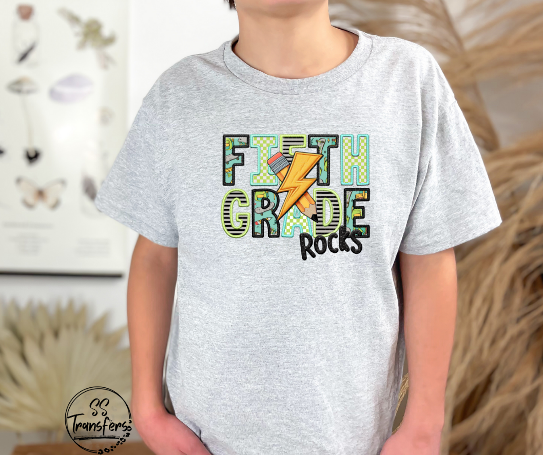 School Rocks Green/Black Writing Faux Embroidered (Multiple Choices) DTF Transfer