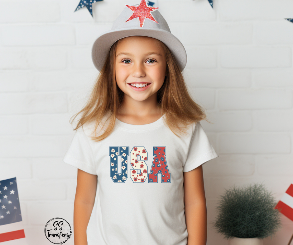 USA Red, White, Blue Floral Letters DTF Transfer