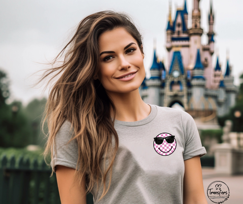 Pink Checkered Happy Face Pocket DTF Transfer