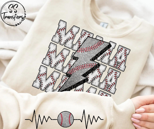Mama Baseball Bolt Faux Glitter (w/Sleeve Option) DTF Transfer