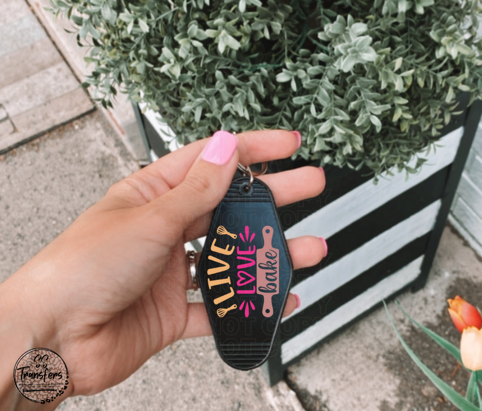 Live, Love, Bake UV Motel Keychain