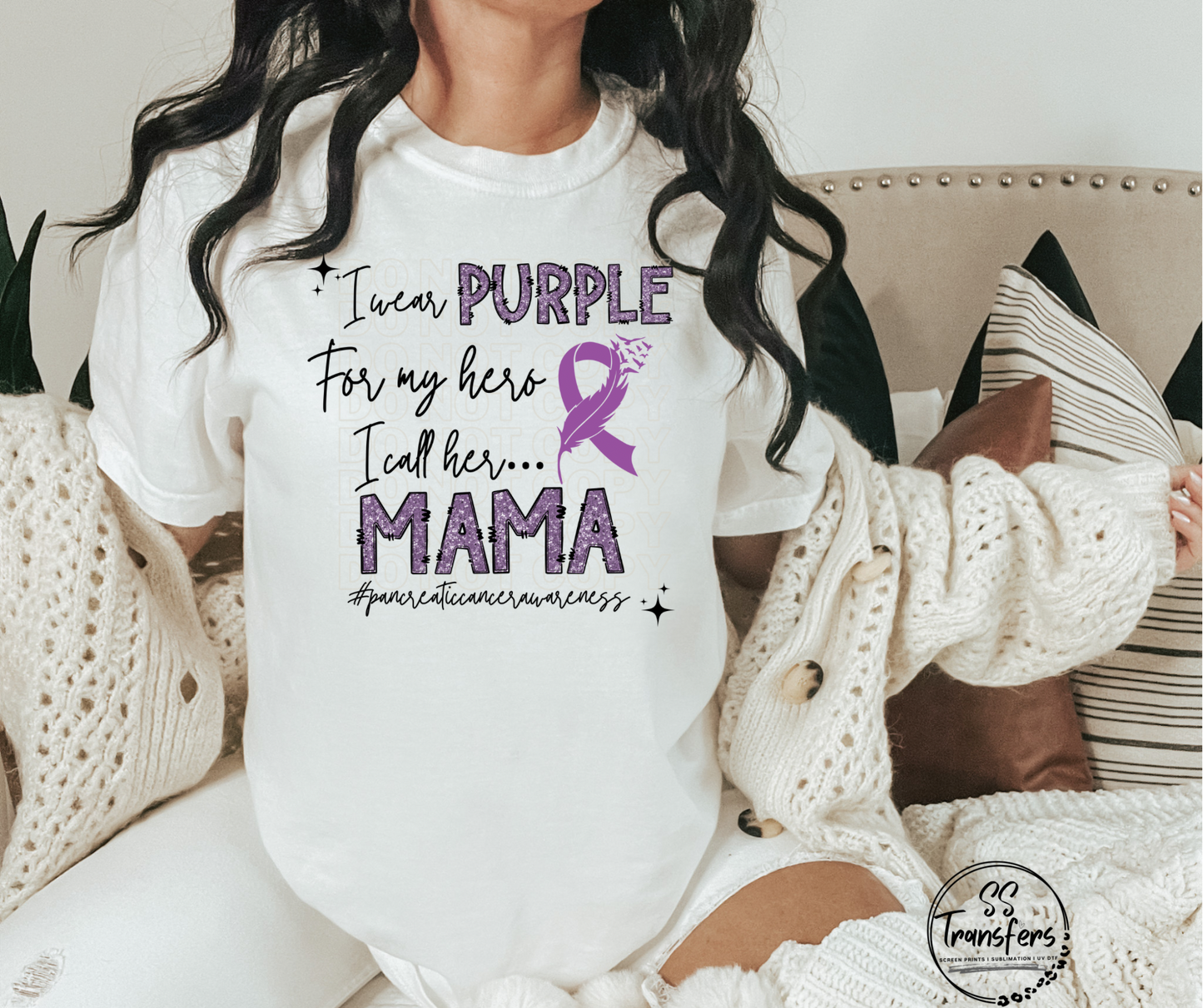 Pancreatic Cancer Purple Glitter My Hero….(multiple options) DTF Transfer