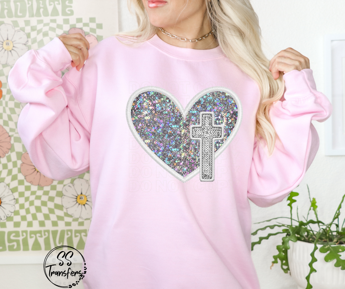 Sparkle Cross and Heart DTF Transfer