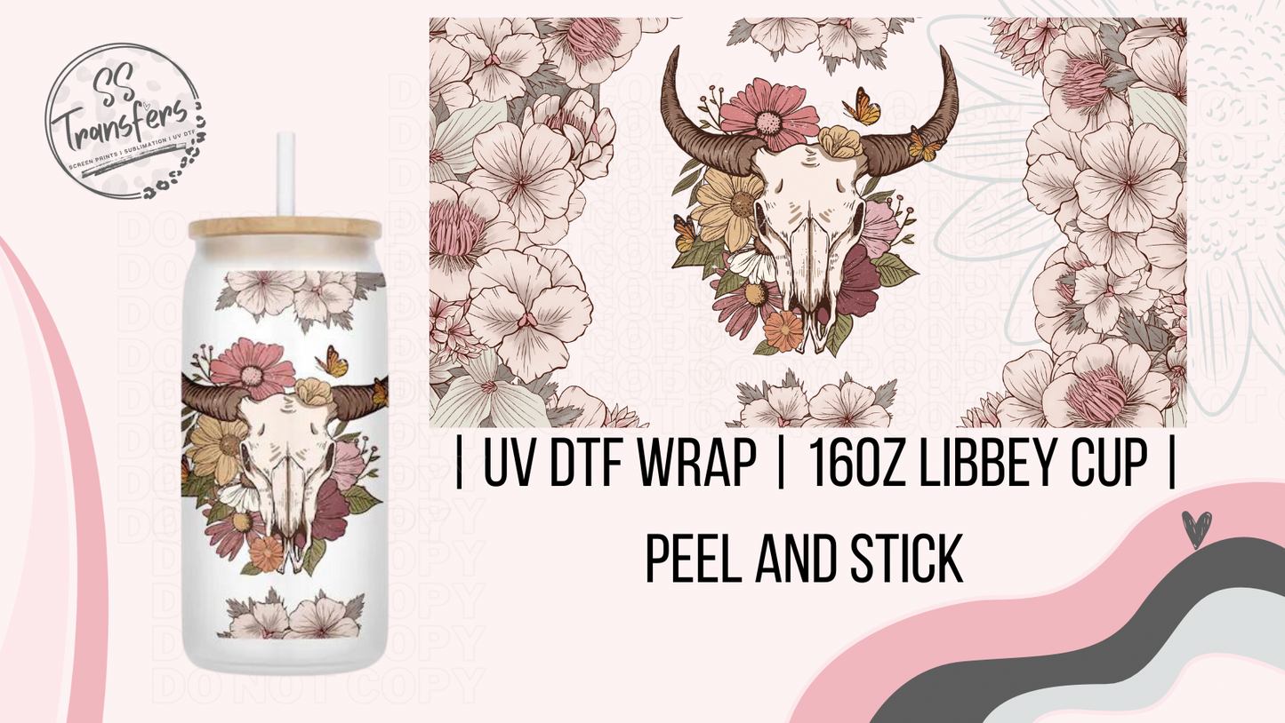 Floral Bull Skull Libbey UV Wrap