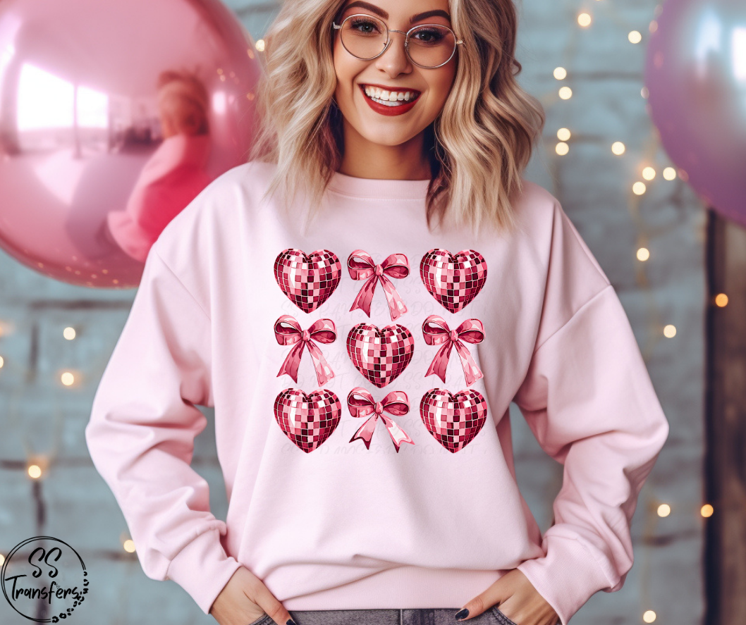 Disco Ball Hearts and Bows DTF Transfer