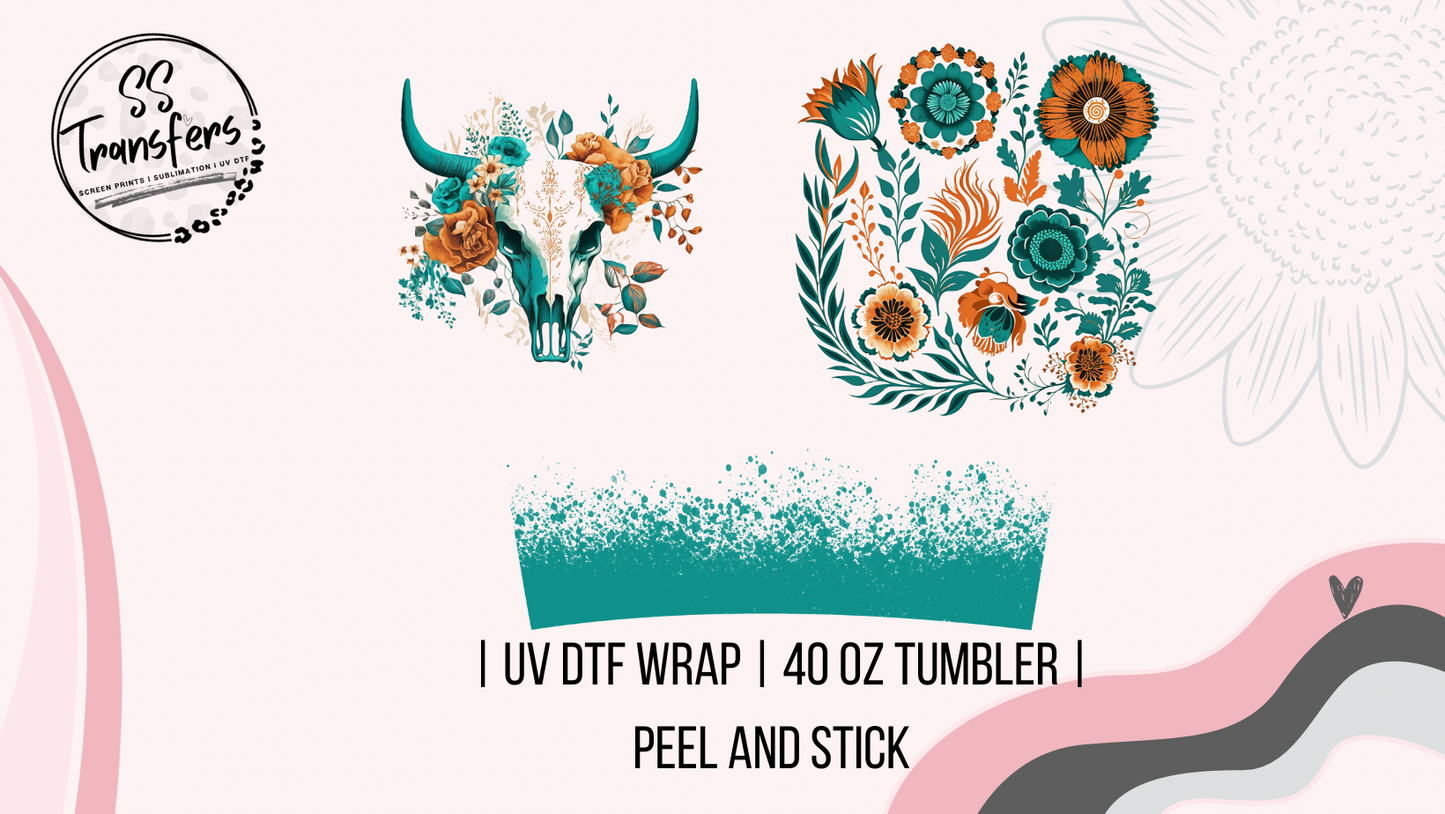 Teal Floral Bull Skull 40oz UV Wrap