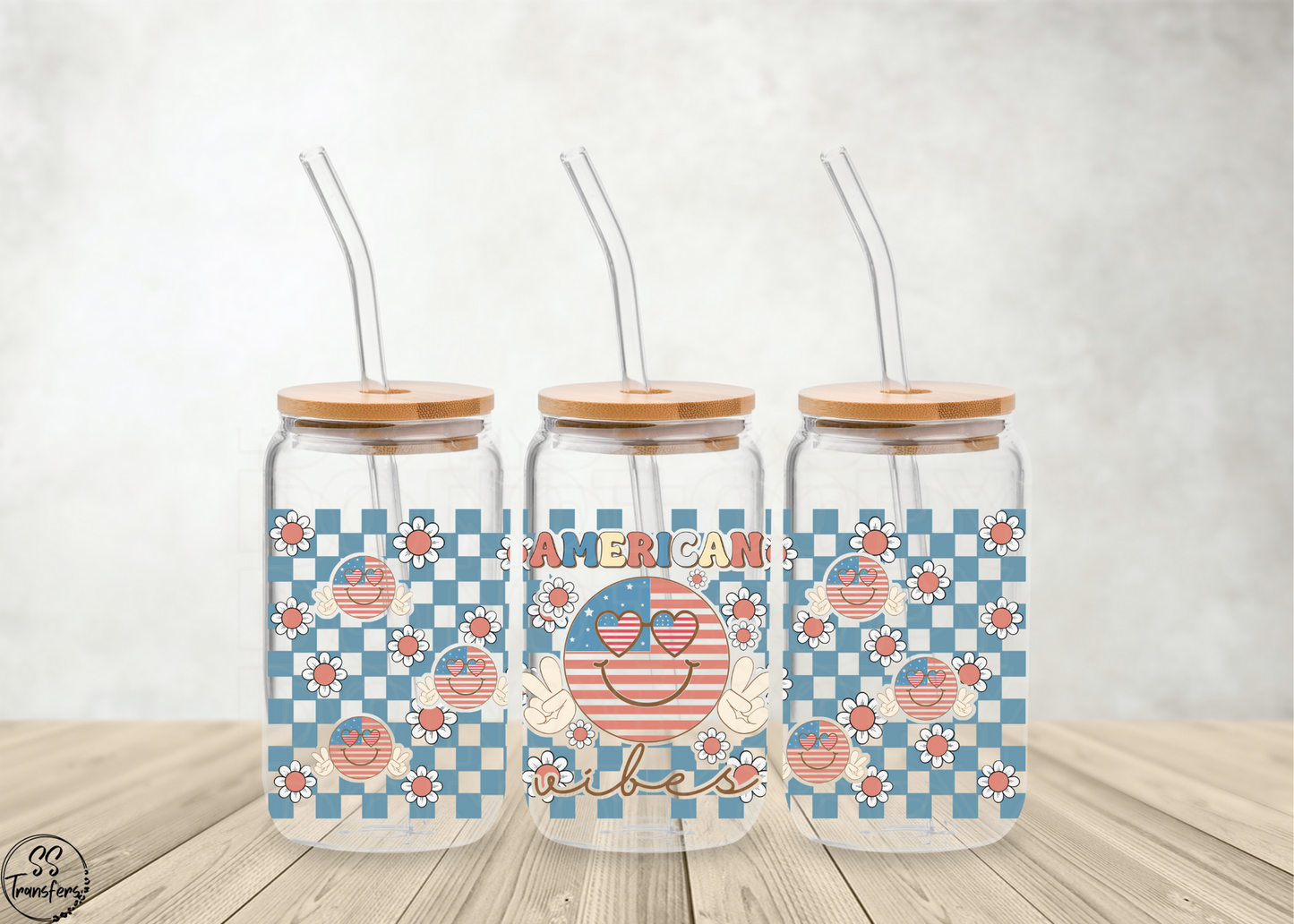 American Vibes Patriotic Smiley w/ Heart Glasses Libbey UV Wrap