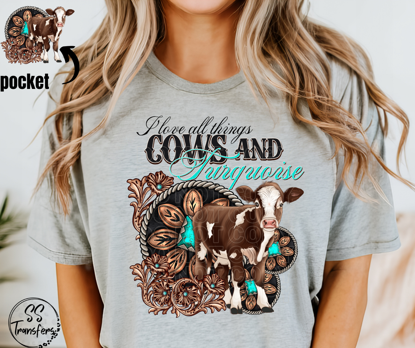 Cows and Turquoise (pocket included) DTF Transfer