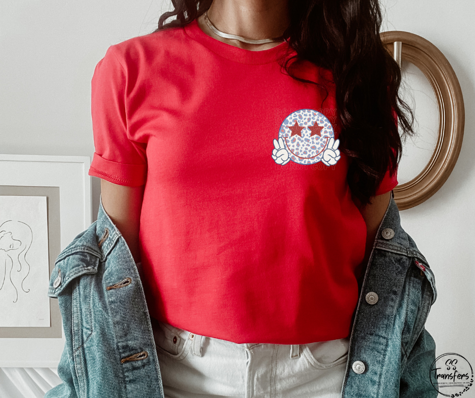 Red White & Blue Leopard Happy Face Pocket DTF Transfer