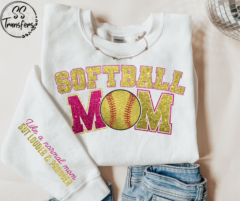 Faux Glitter Softball Mom (w/Sleeve Option) DTF Transfer