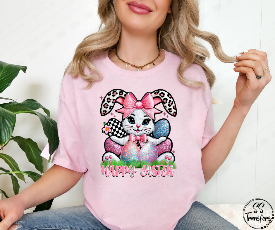 Happy Easter Faux Embroidered Bunny DTF Transfer