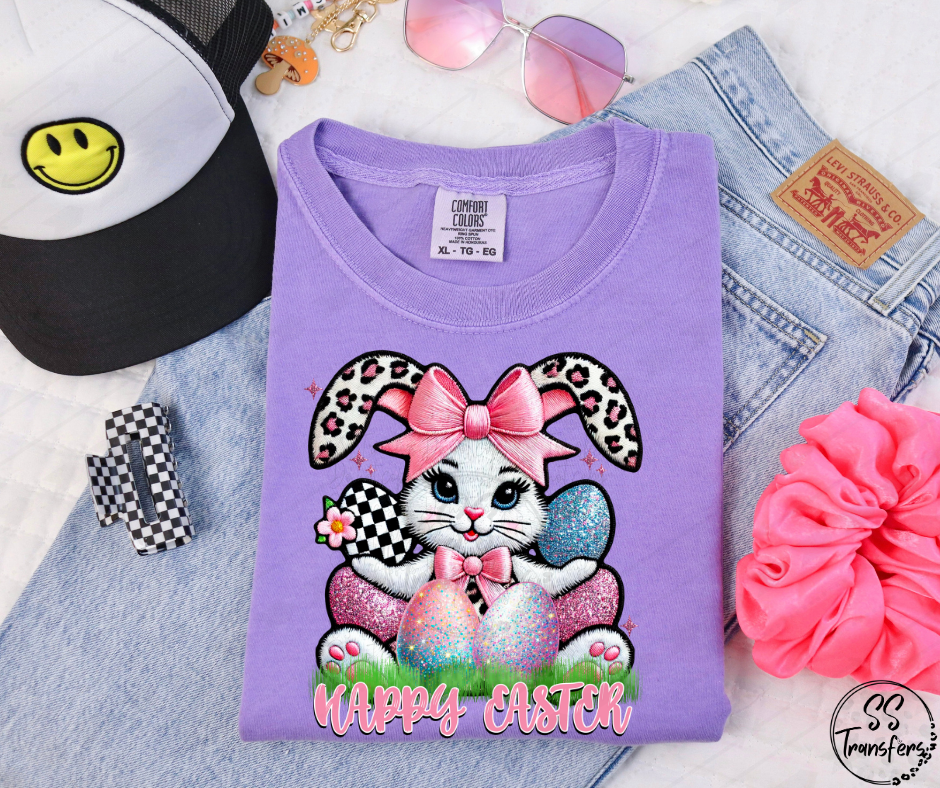 Happy Easter Faux Embroidered Bunny DTF Transfer