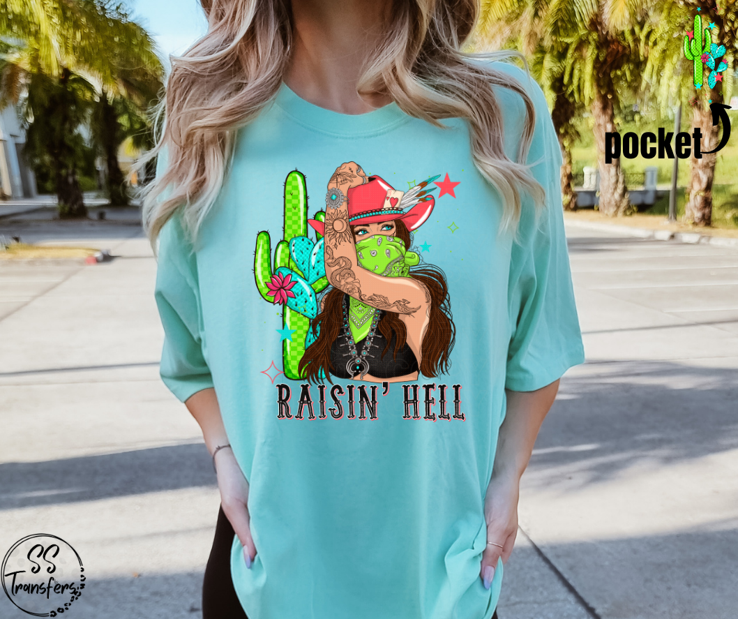 Raisin' Hell Cowgirl (Pocket Included) DTF Transfer