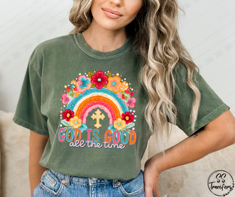 God Is Good Rainbow Floral Faux Embroidered DTF Transfer