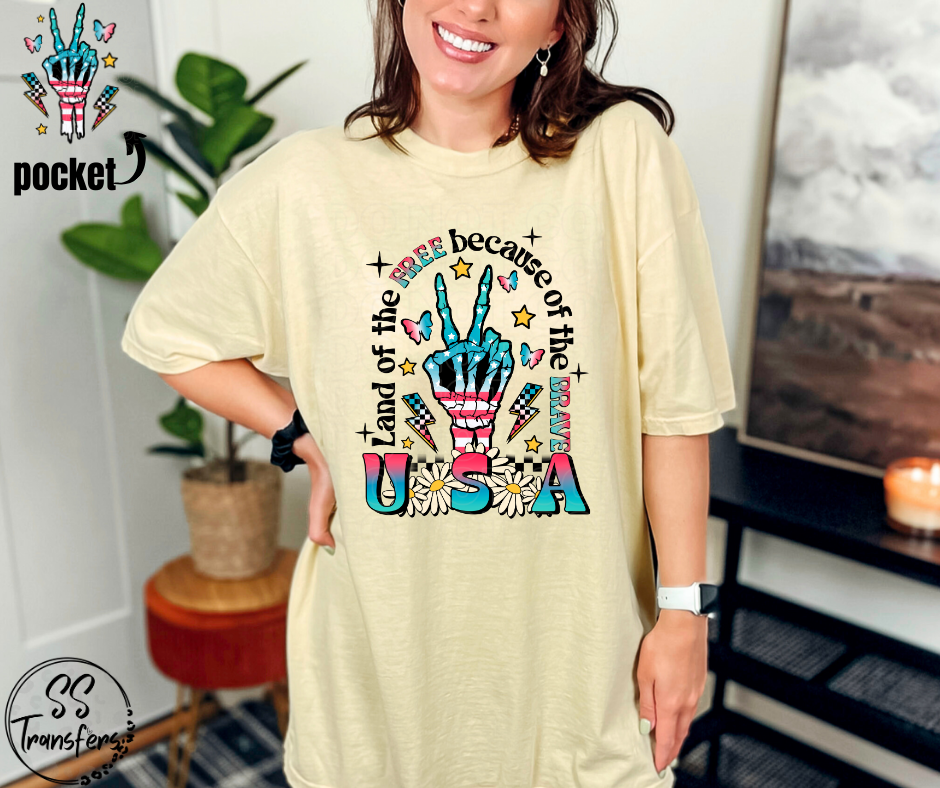 Land of The Free Skelly Peace Sign (Pocket Included) DTF Transfer