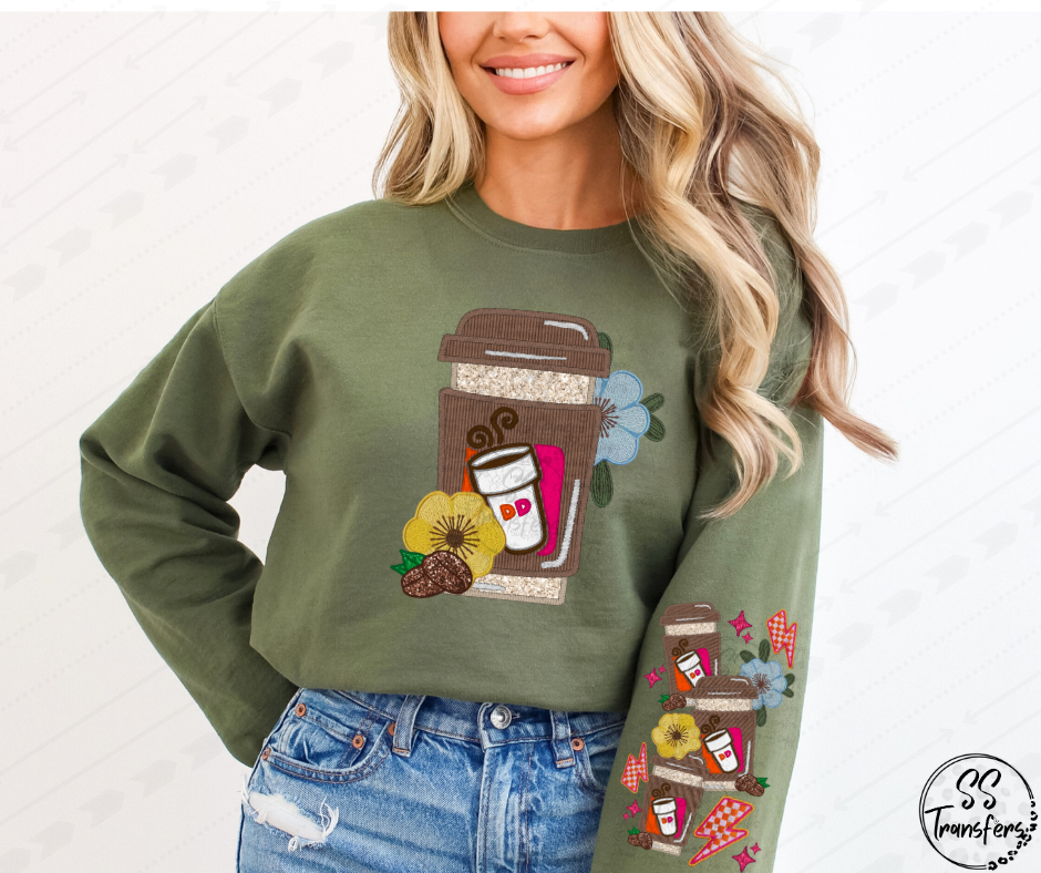 Floral Coffee Faux Embroidered (w/Sleeve Option) DTF Transfer
