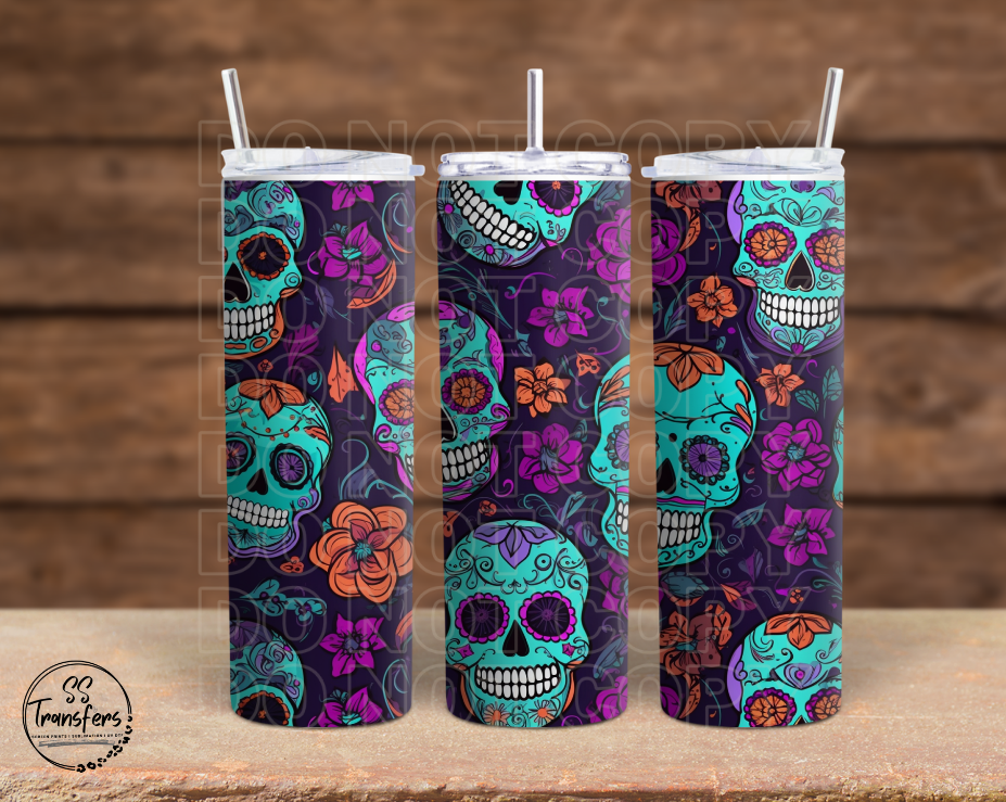 Purple and Teal Flower Sugar Skulls Sub Tumbler Transfer