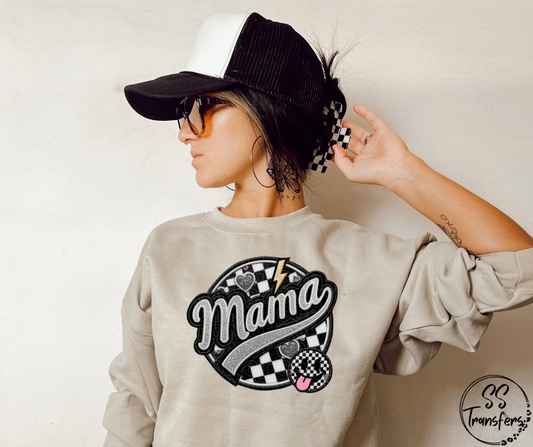 Faux Glitter/Embroidered Checkered Mama DTF Transfer