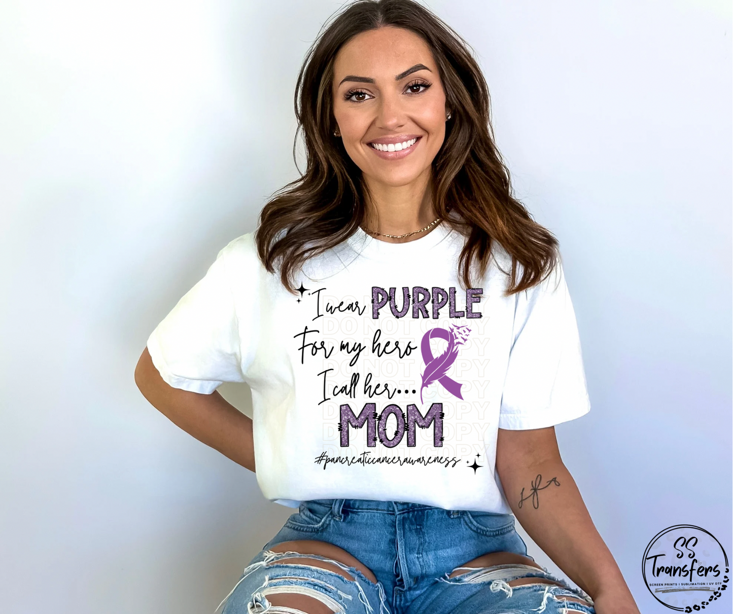 Pancreatic Cancer Purple Glitter My Hero….(multiple options) DTF Transfer