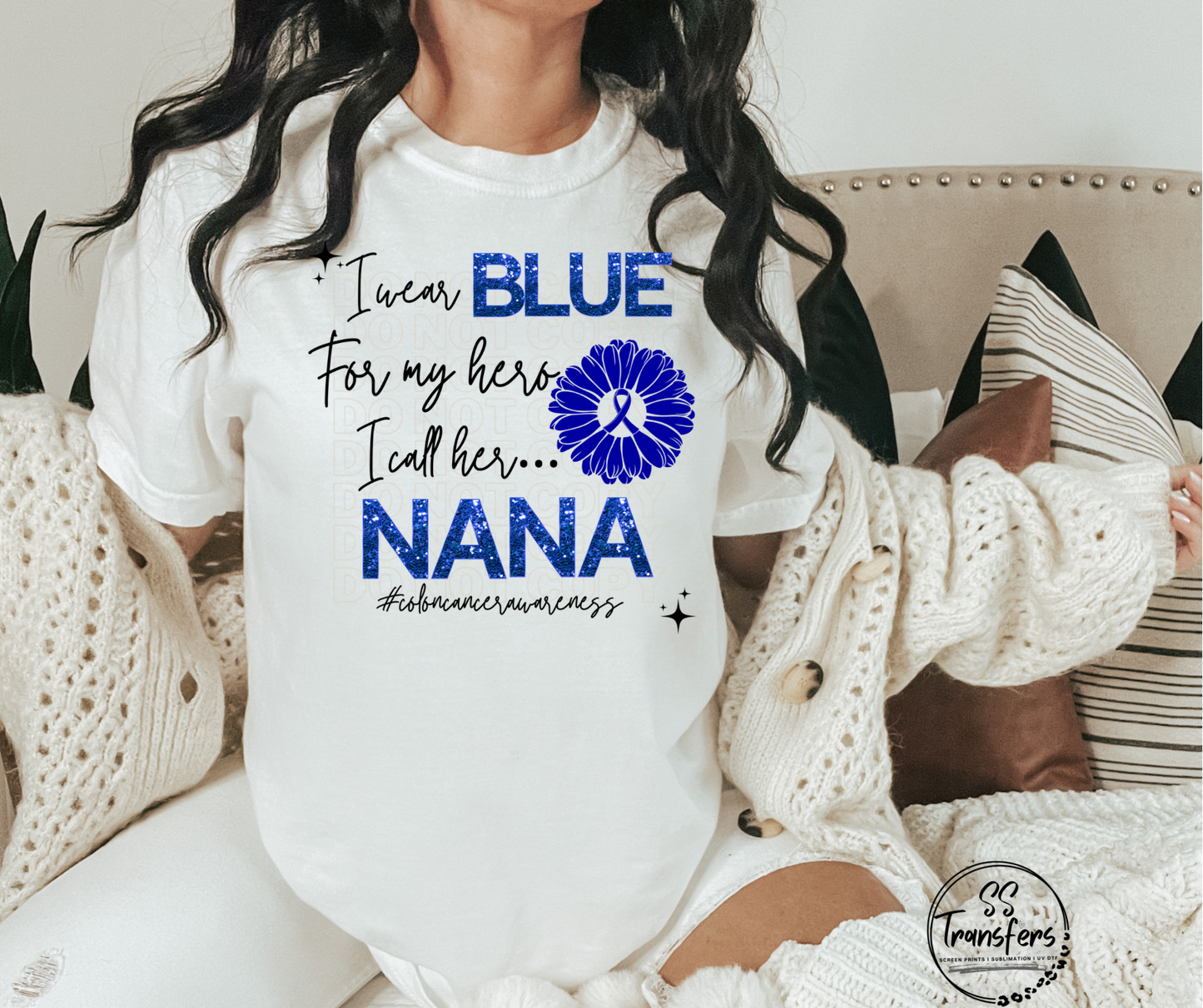 Colon Cancer Blue Sequins My Hero….(multiple options) DTF Transfer