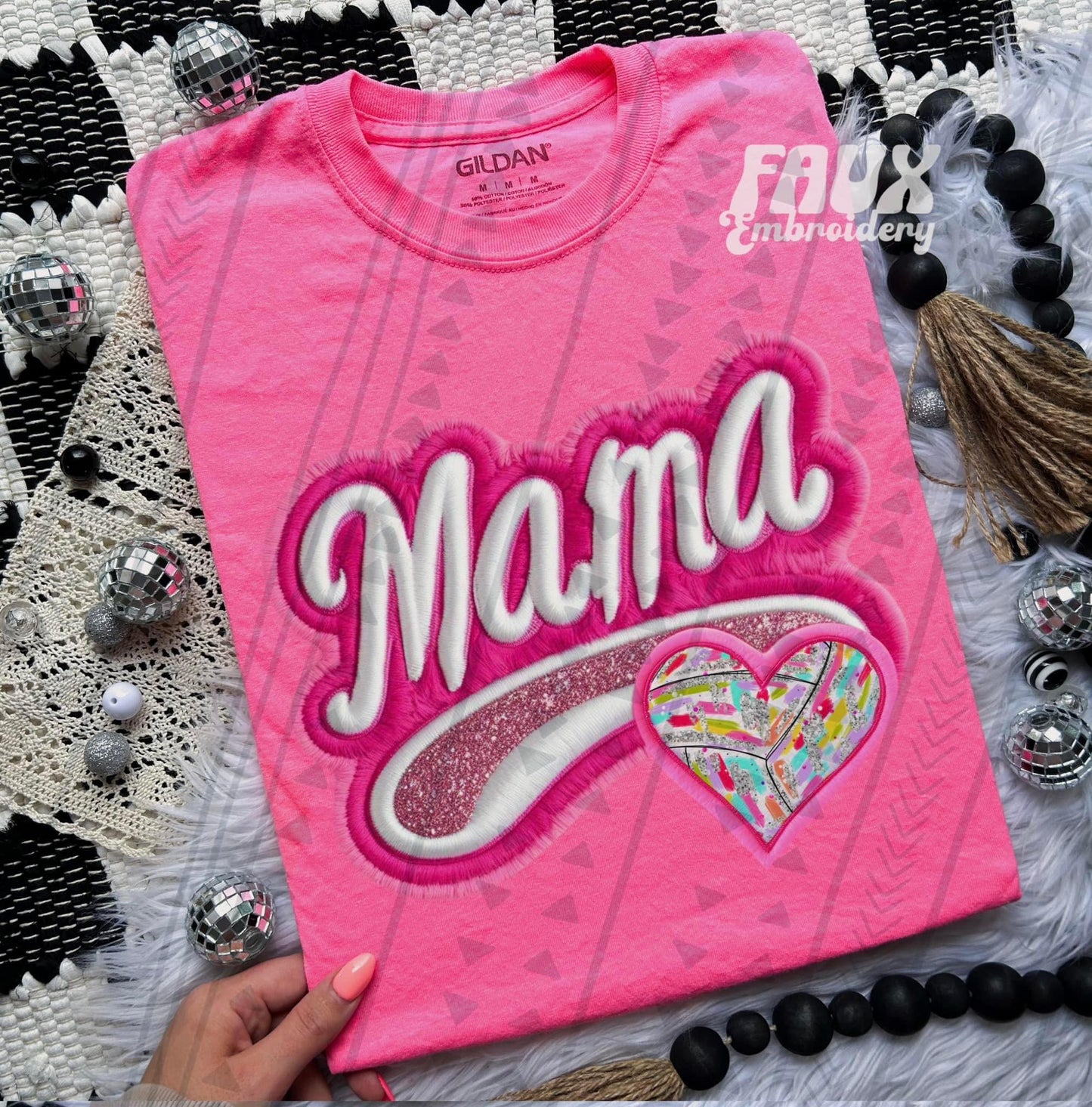 Mama Neon Faux Embroidered Heart Sports (Multiple Options) DTF Transfer