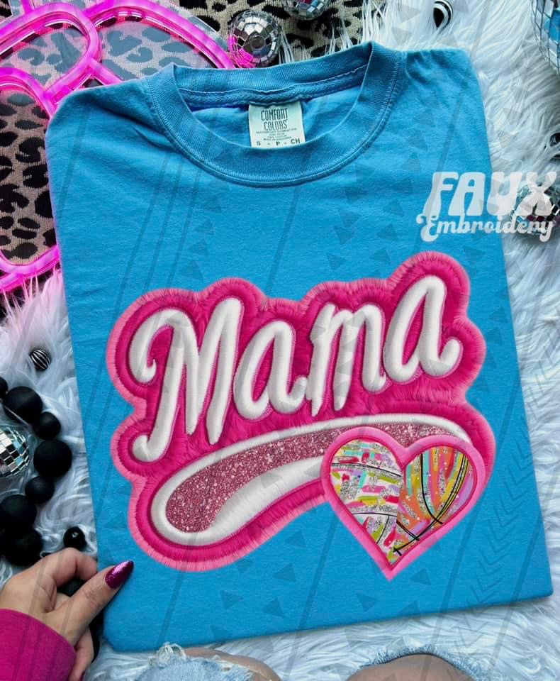 Mama Neon Faux Embroidered Heart Sports (Multiple Options) DTF Transfer