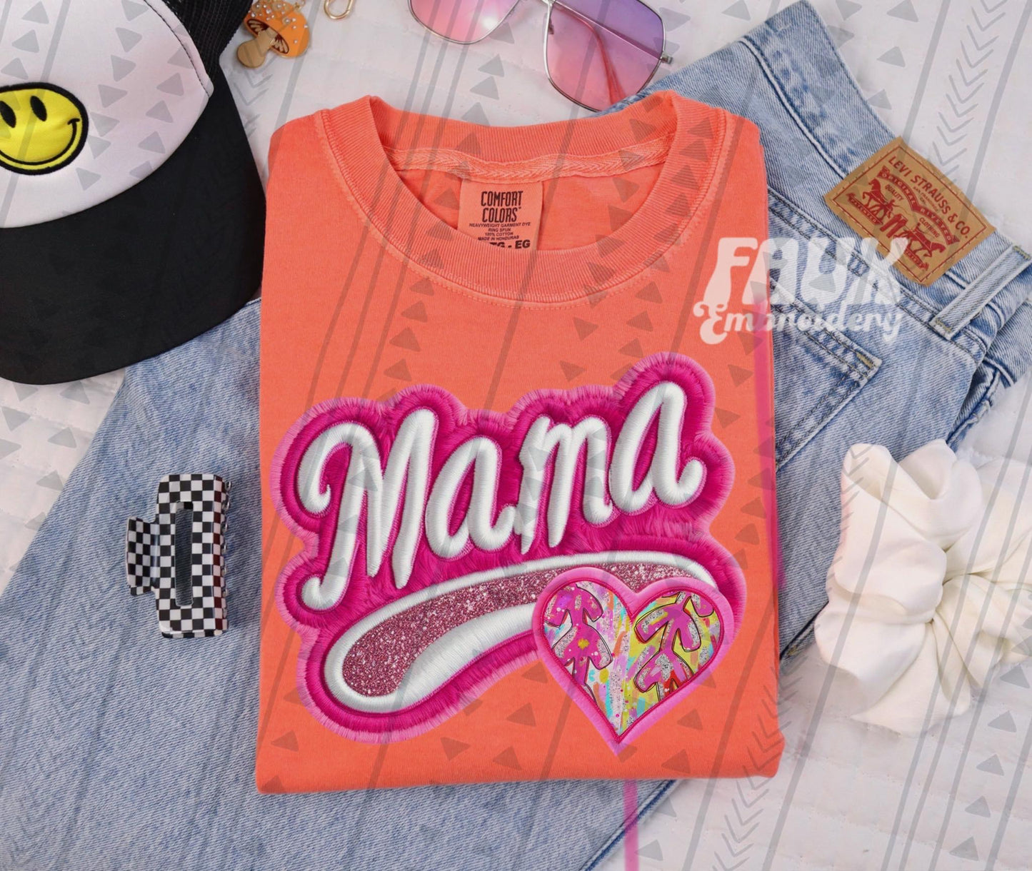 Mama Neon Faux Embroidered Heart Sports (Multiple Options) DTF Transfer